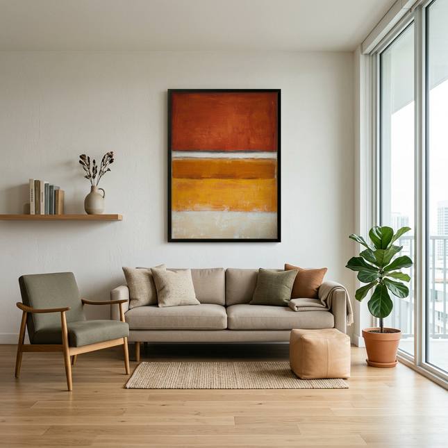 Rust and Gold hand-painted landscape painting displayed in a modern living room with warm accents