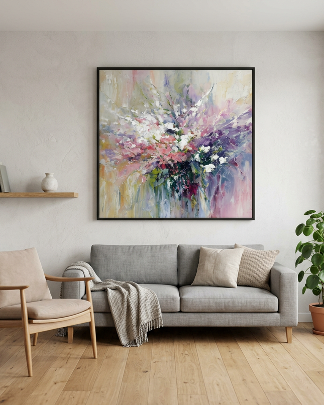 Spring Sonata hand-painted floral painting displayed in a modern living room with warm accents