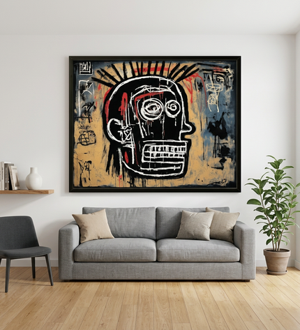 Primal Identity hand-painted cityscape painting displayed in a modern living room with warm accents