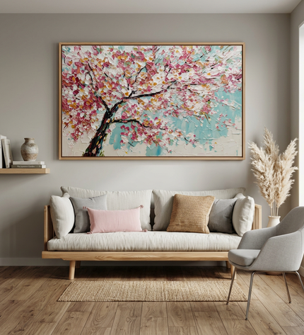 Cherry Sky hand-painted landscape painting displayed in a modern living room with warm accents
