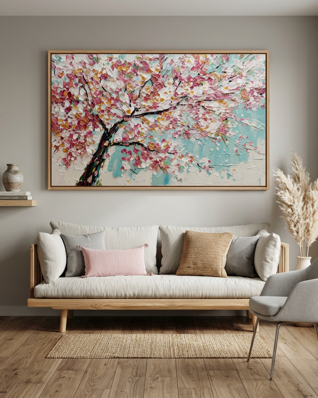 Cherry Sky hand-painted landscape painting displayed in a modern living room with warm accents