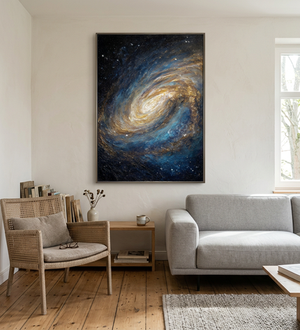 Nebula of Light hand-painted landscape painting displayed in a modern living room with warm accents
