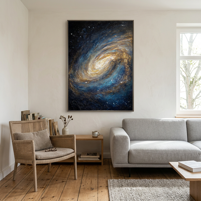 Nebula of Light hand-painted landscape painting displayed in a modern living room with warm accents