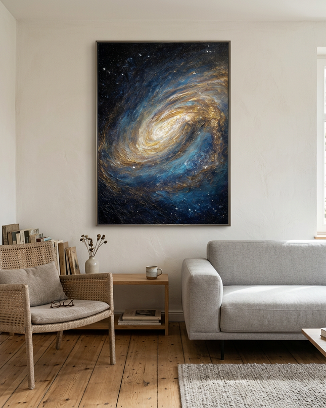Nebula of Light hand-painted landscape painting displayed in a modern living room with warm accents