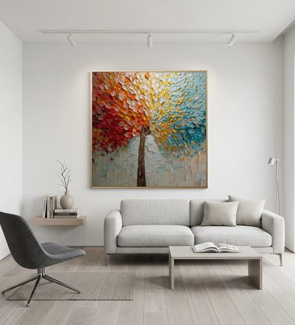 Joyful Tree hand-painted landscape painting displayed in a modern living room with warm accents