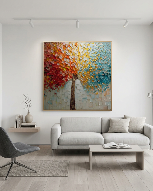 Joyful Tree hand-painted landscape painting displayed in a modern living room with warm accents