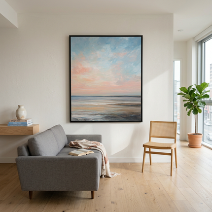 Tranquil Waters hand-painted landscape painting displayed in a modern living room with warm accents