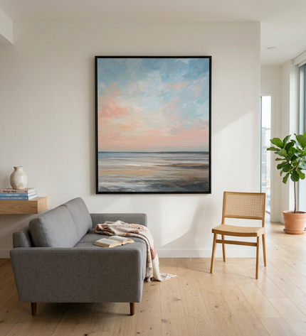 Tranquil Waters hand-painted landscape painting displayed in a modern living room with warm accents