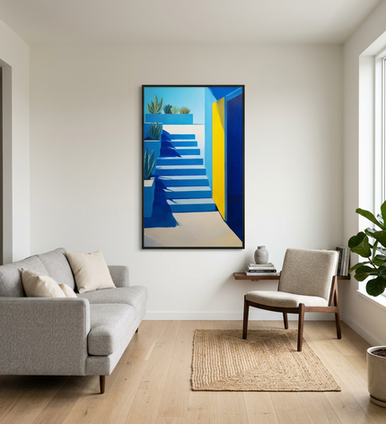 Mediterranean Gate hand-painted abstract painting displayed in a modern living room with warm accents