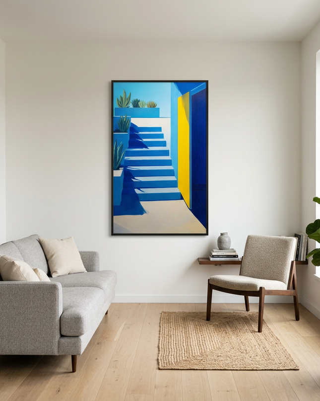 Mediterranean Gate hand-painted abstract painting displayed in a modern living room with warm accents