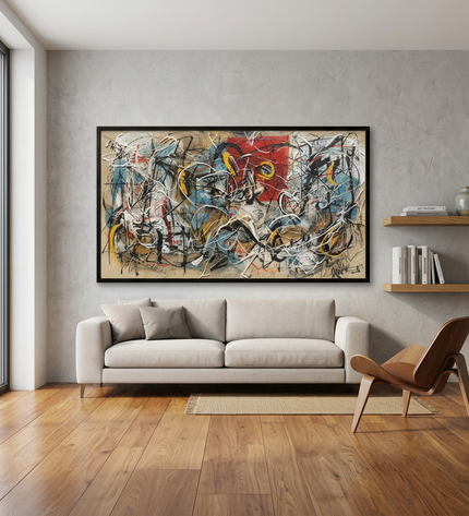 Perfect Storm hand-painted figurative painting displayed in a modern living room with warm accents
