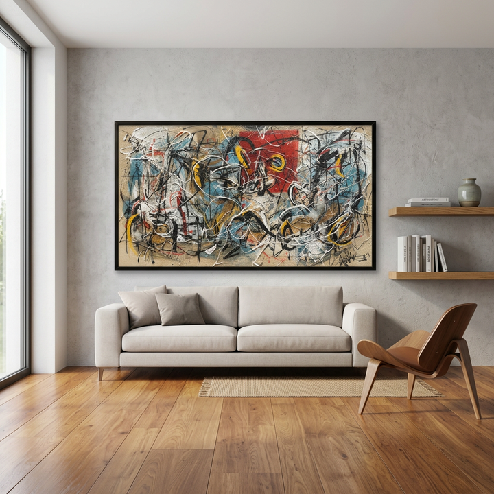 Perfect Storm hand-painted figurative painting displayed in a modern living room with warm accents