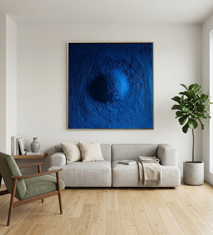 Blue Abyss hand-painted abstract painting displayed in a modern living room with warm accents