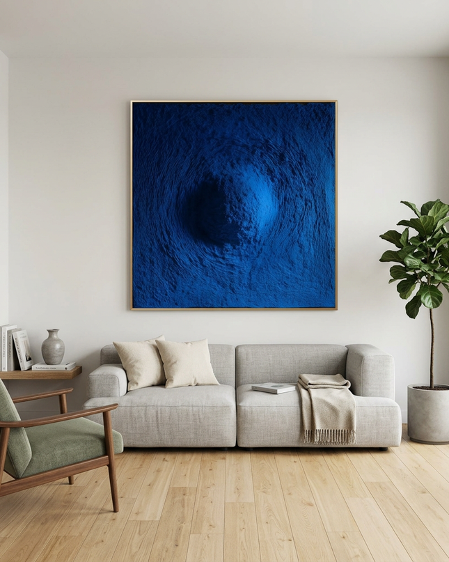 Blue Abyss hand-painted abstract painting displayed in a modern living room with warm accents