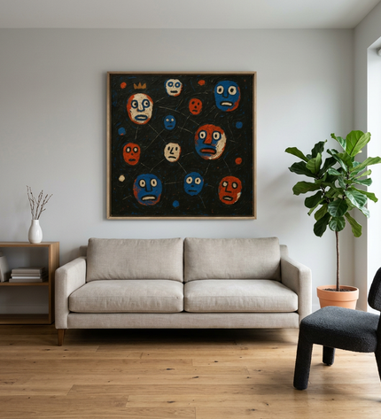 Cosmic Conversations hand-painted figurative painting displayed in a modern living room with warm accents