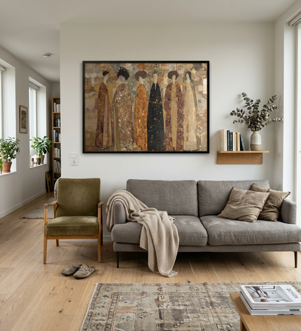 The Imperial Gathering hand-painted figurative painting displayed in a modern living room with warm accents