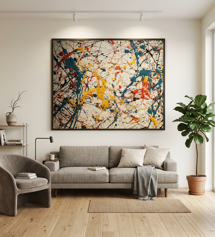 Sparks of Existence hand-painted animal portrait painting displayed in a modern living room with warm accents