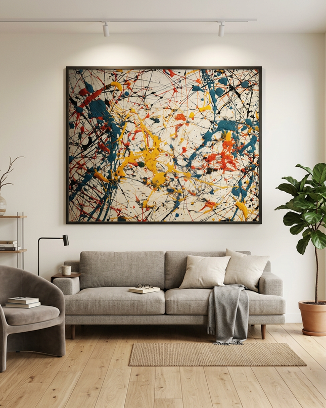 Sparks of Existence hand-painted animal portrait painting displayed in a modern living room with warm accents