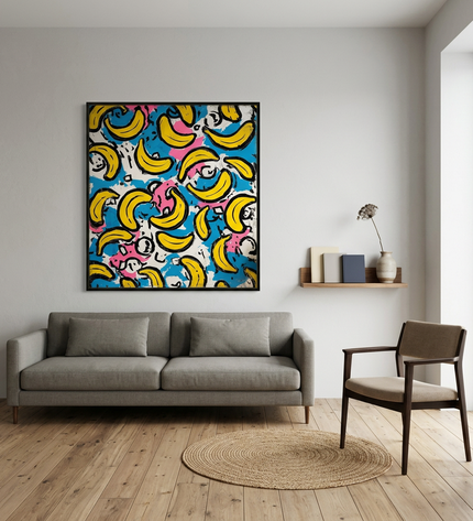 Tropical Pop hand-painted cityscape painting displayed in a modern living room with warm accents