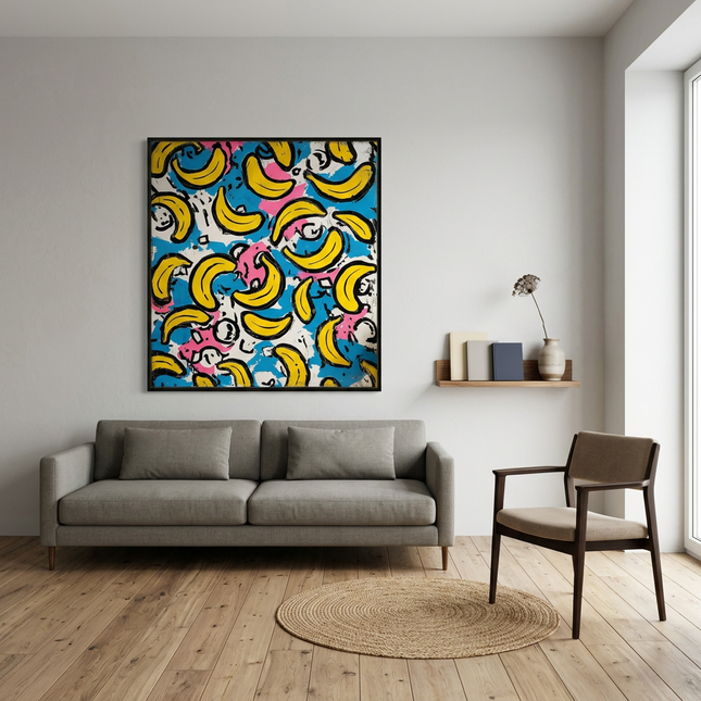 Tropical Pop hand-painted cityscape painting displayed in a modern living room with warm accents