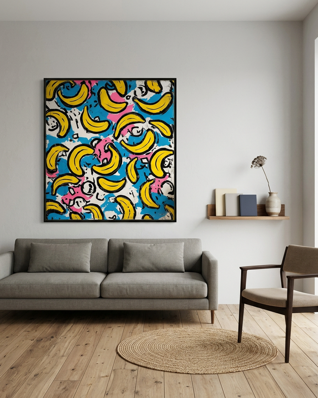 Tropical Pop hand-painted cityscape painting displayed in a modern living room with warm accents