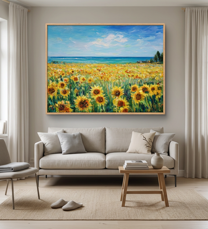 Golden Days hand-painted landscape painting displayed in a modern living room with warm accents