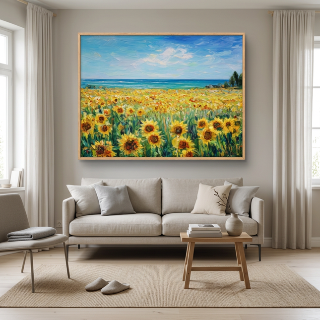 Golden Days hand-painted landscape painting displayed in a modern living room with warm accents