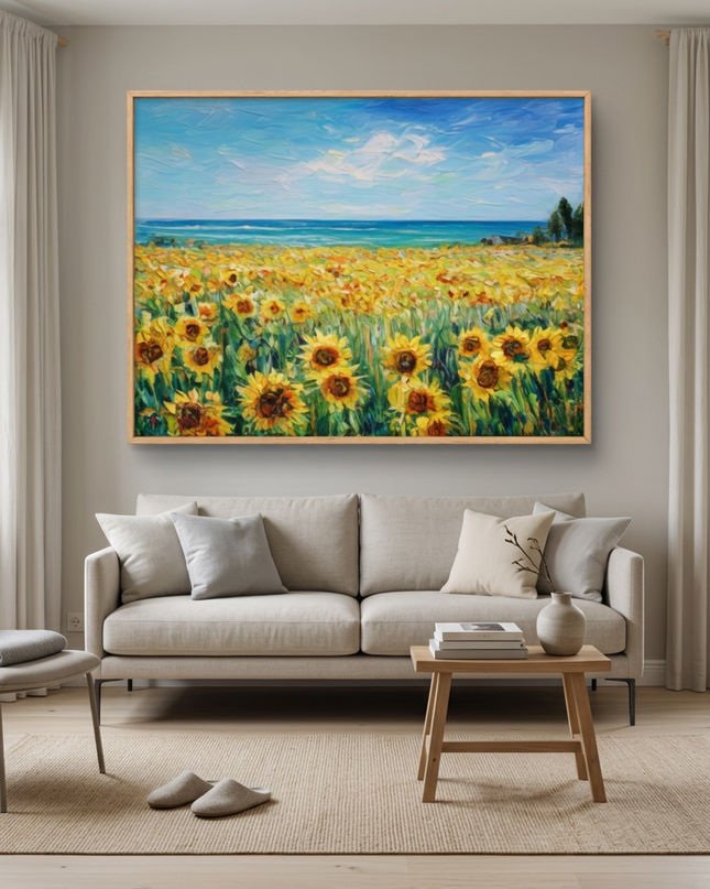 Golden Days hand-painted landscape painting displayed in a modern living room with warm accents