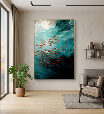 Currents of Life hand-painted landscape painting displayed in a modern living room with warm accents