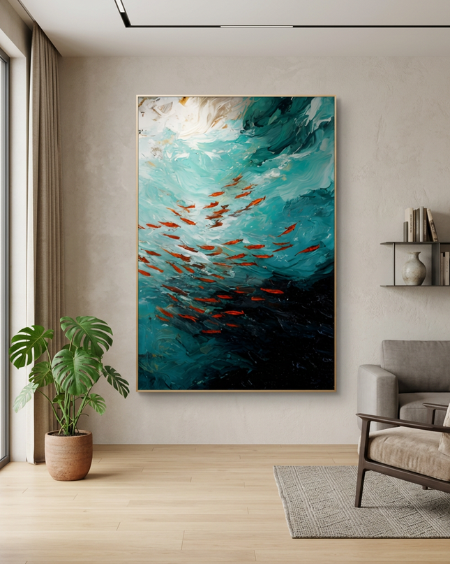 Currents of Life hand-painted landscape painting displayed in a modern living room with warm accents