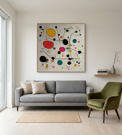 Molecules of Happiness hand-painted contemporary painting displayed in a modern living room with warm accents
