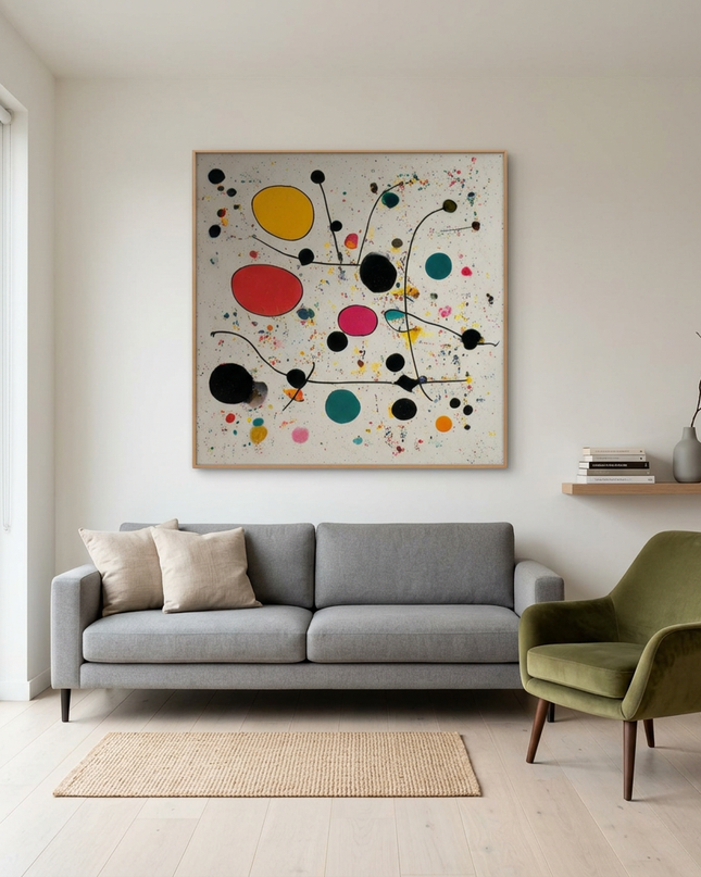 Molecules of Happiness hand-painted contemporary painting displayed in a modern living room with warm accents