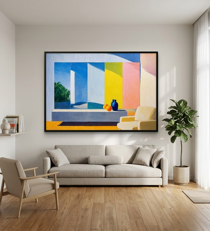 Constructed Dimension hand-painted landscape painting displayed in a modern living room with warm accents