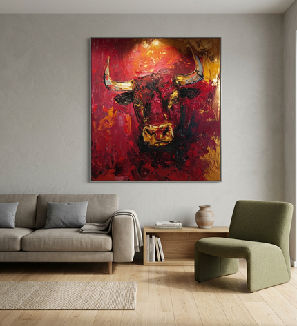 Bull of Fortune hand-painted animal portrait painting displayed in a modern living room with warm accents