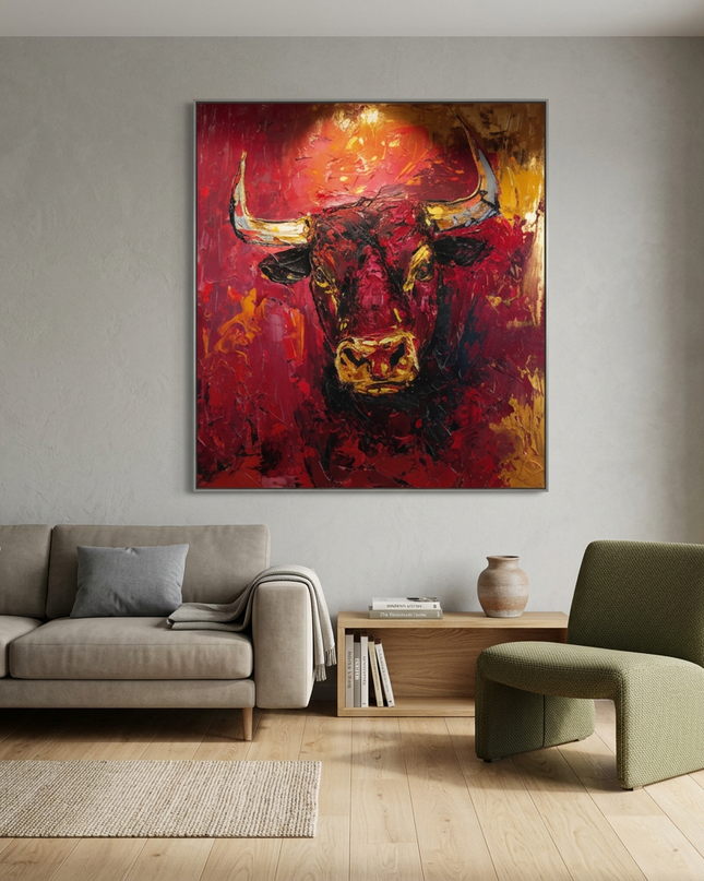 Bull of Fortune hand-painted animal portrait painting displayed in a modern living room with warm accents