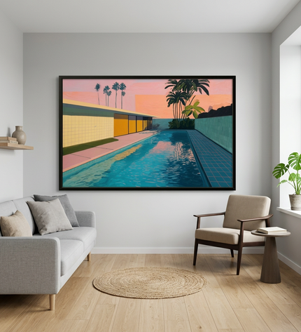 Pool Noir hand-painted landscape painting displayed in a modern living room with warm accents