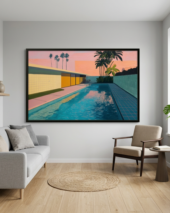 Pool Noir hand-painted landscape painting displayed in a modern living room with warm accents