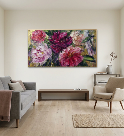 Rhapsody in Petals hand-painted floral painting displayed in a modern living room with warm accents