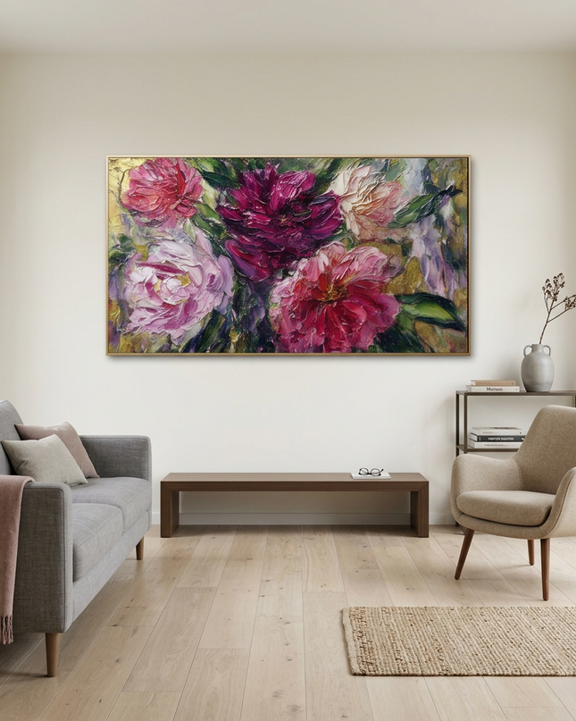 Rhapsody in Petals hand-painted floral painting displayed in a modern living room with warm accents