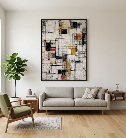 Living Structures hand-painted contemporary painting displayed in a modern living room with warm accents