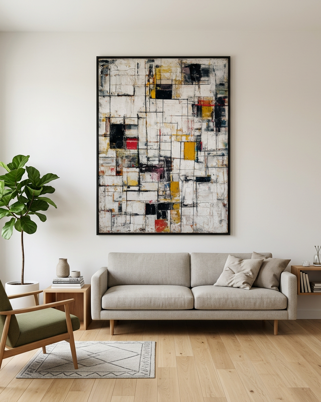 Living Structures hand-painted contemporary painting displayed in a modern living room with warm accents
