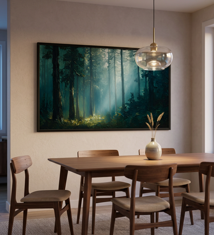 Joy Among Trees hand-painted landscape painting displayed in an elegant dining room