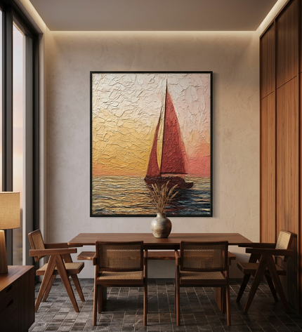 Chasing the Sun hand-painted landscape painting displayed in an elegant dining room
