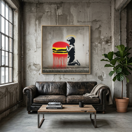 Holy Burger hand-painted figurative painting displayed in an elegant dining room