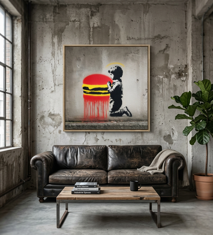 Holy Burger hand-painted figurative painting displayed in an elegant dining room