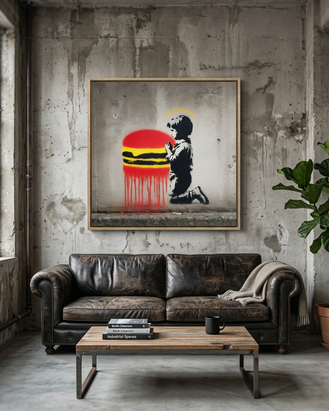 Holy Burger hand-painted figurative painting displayed in an elegant dining room
