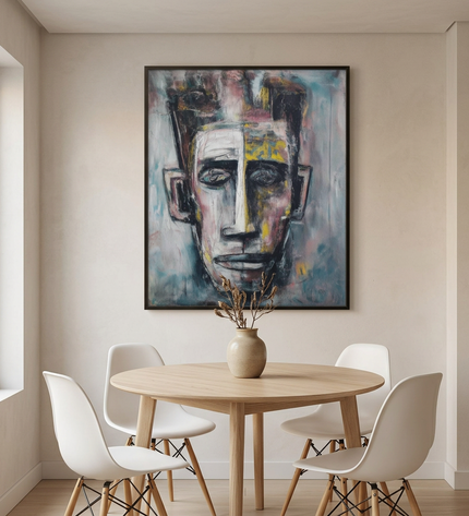 The Listener hand-painted floral painting displayed in an elegant dining room