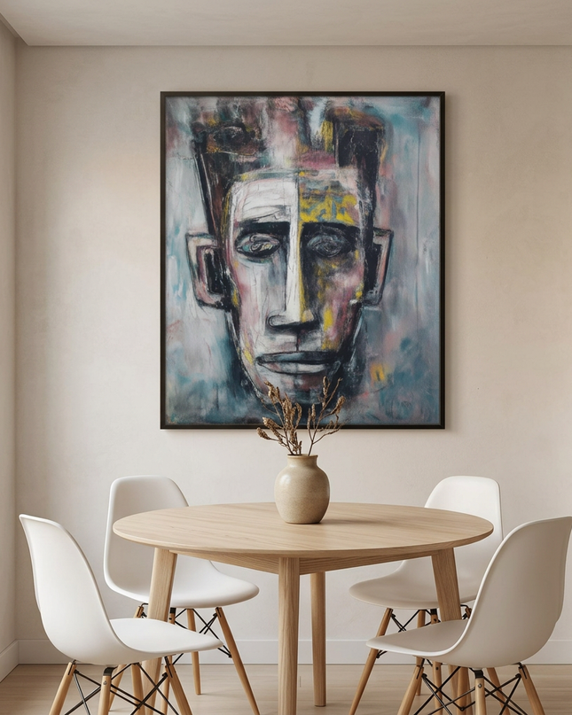 The Listener hand-painted floral painting displayed in an elegant dining room