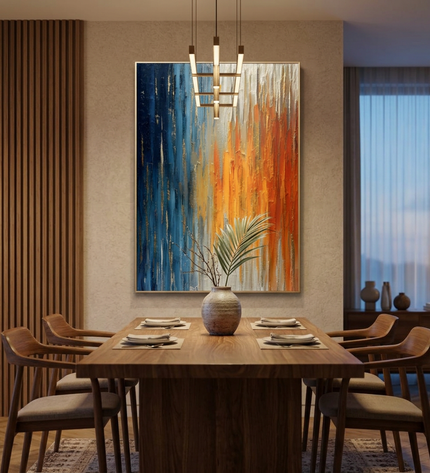Andromeda Blaze hand-painted abstract painting displayed in an elegant dining room