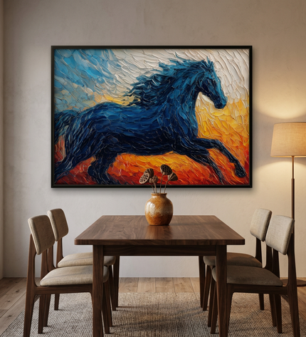 Morning Rider hand-painted landscape painting displayed in an elegant dining room